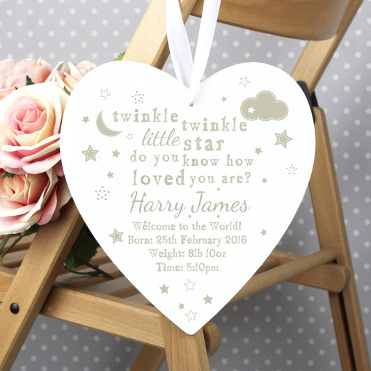 Personalised Twinkle Twinkle 22cm Large Wooden Heart Decoration