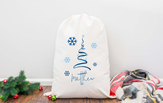 Personalised Blue Christmas Tree Santa Sack - Christmas Stocking