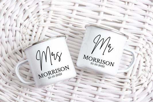 Mr And Mrs Mug Set, Bride Gifts, 10 Year Anniversary Gift For Couples - Enamel Camping Mugs