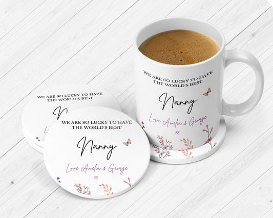 Personalised Gift For Nanny, World's Best Nanny, Nanny Mug And Coaster Set