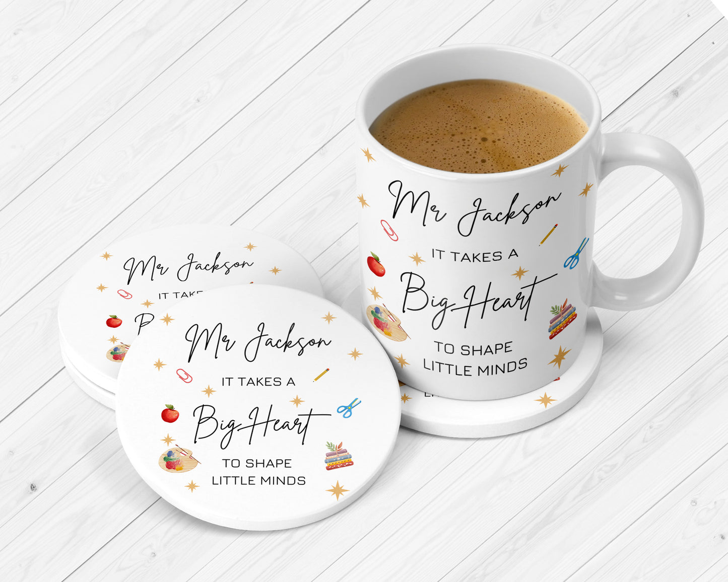 It Takes A Big Heart To Shape Little Minds - Personalised Mug And Coaster Teacher Set